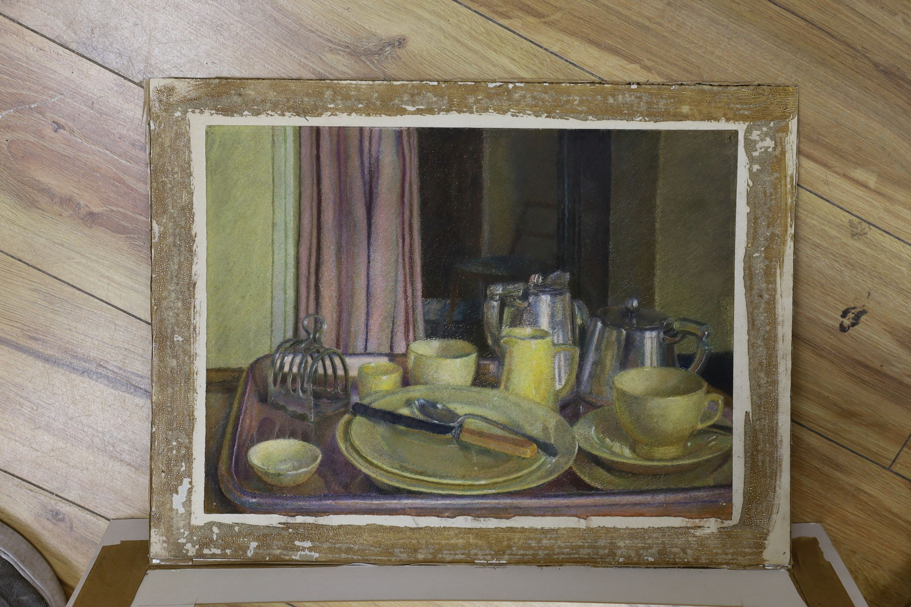 Hilda Carline (1889-1950), pastel, Breakfast table still life, 28 x 38cm